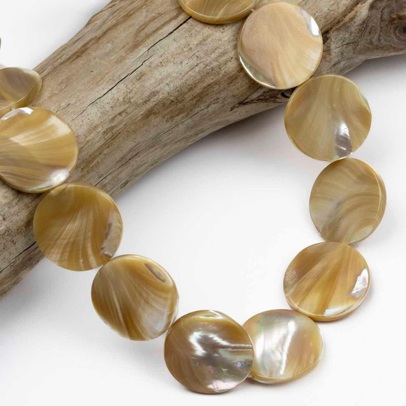 Cherry Tree Beads Tan Mother of Pearl 25mm Coin Beads - 15 inch strand 