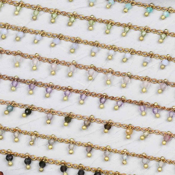 Cherry Tree Beads Raw Brass Dangle Chain with Gemstone 2mm Faceted Round Beads - 1 meter 