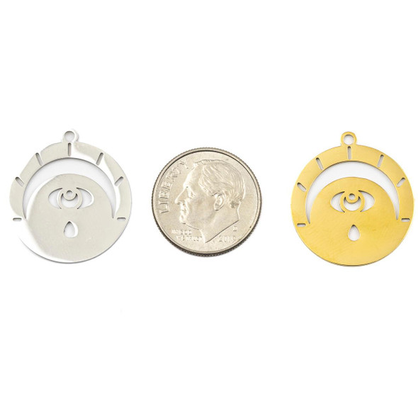Cherry Tree Beads 304 Stainless Steel 20x22mm Crescent Moon and Eye Coin Pendants - 2 per bag 