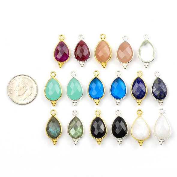 Cherry Tree Beads Gemstone 10x21mm Faceted Teardrop Drop with Sterling Silver or 18k Gold Vermeil Bezel and 3 Tiny Dots - 1 piece 