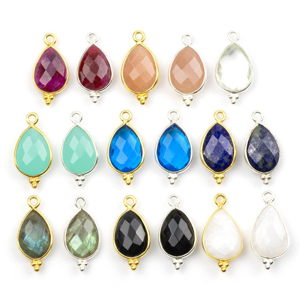Cherry Tree Beads Gemstone 10x21mm Faceted Teardrop Drop with Sterling Silver or 18k Gold Vermeil Bezel and 3 Tiny Dots - 1 piece 