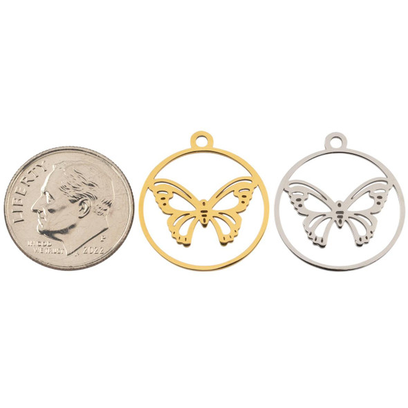 Cherry Tree Beads 304 Stainless Steel 18x20mm Butterfly Coin Charms - 2 per bag 
