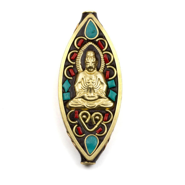 Cherry Tree Beads Tibetan Brass 17x42mm Buddha Marquise Focal Bead with Turquoise Howlite and Red Coral Inlay - 1 per bag