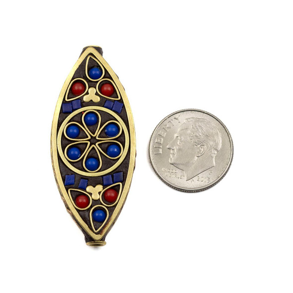Cherry Tree Beads Tibetan Brass 18x42mm Flower Marquise Focal Bead with Lapis and Red Coral Inlay - 1 per bag