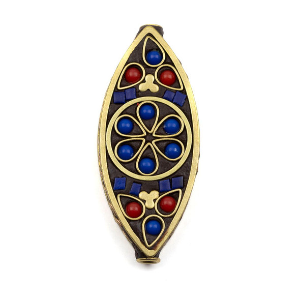 Cherry Tree Beads Tibetan Brass 18x42mm Flower Marquise Focal Bead with Lapis and Red Coral Inlay - 1 per bag