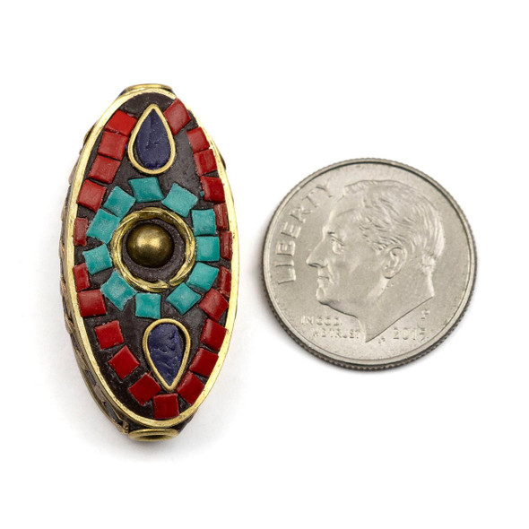 Cherry Tree Beads Tibetan Brass 15x30mm Oval Focal Bead with Lapis, Turquoise Howlite, and Red Coral Inlay - 1 per bag 