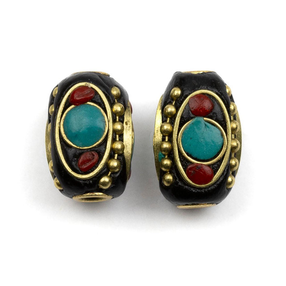 Cherry Tree Beads Tibetan Brass 9x12mm Tube Beads with Red Coral and Turquoise Howlite inlay - 2 per bag 