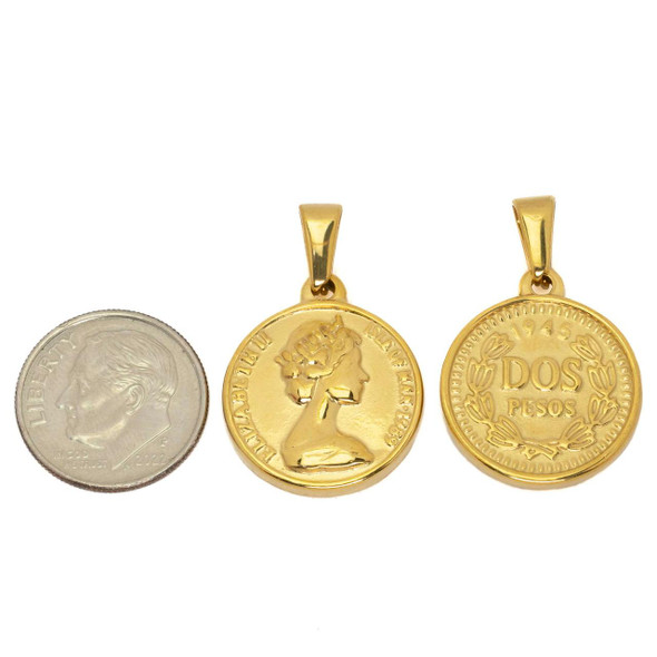 Cherry Tree Beads 304 Stainless Steel 18.5mm Isle of Man Dos Pesos Elizabeth II Coin Charm with Bail - 2 per bag 