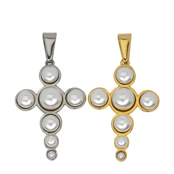 Cherry Tree Beads 304 Stainless Steel 24x35.7mm Pearl Cross Pendant with Bail - 2 per bag 