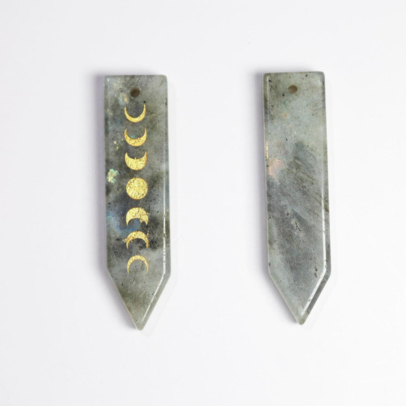 Cherry Tree Beads Natural Gemstone 12x50mm Flat Dagger Pendant with Gold Moon Phase - 1 per bag 