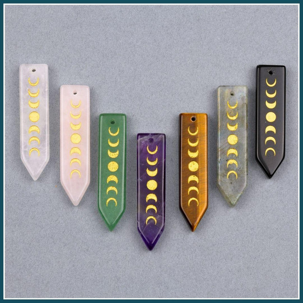 Cherry Tree Beads Natural Gemstone 12x50mm Flat Dagger Pendant with Gold Moon Phase - 1 per bag 