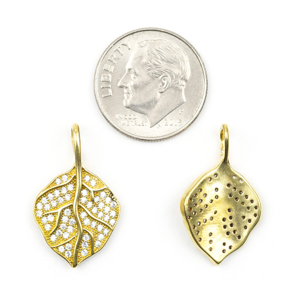 Brass 13x22.5mm Leaf Pendants with Clear Cubic Zirconia Crystals - 2 per bag