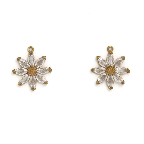Cherry Tree Beads Brass 13x15.5mm Daisy Charms with Clear Cubic Zirconia Crystals - 2 per bag 