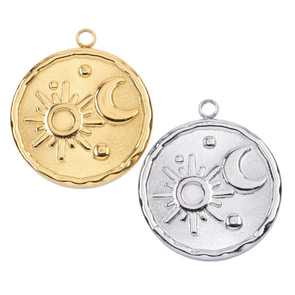 Cherry Tree Beads 316 Stainless Steel 20x21mm Sun and Moon Coin Pendants - 2 per bag 