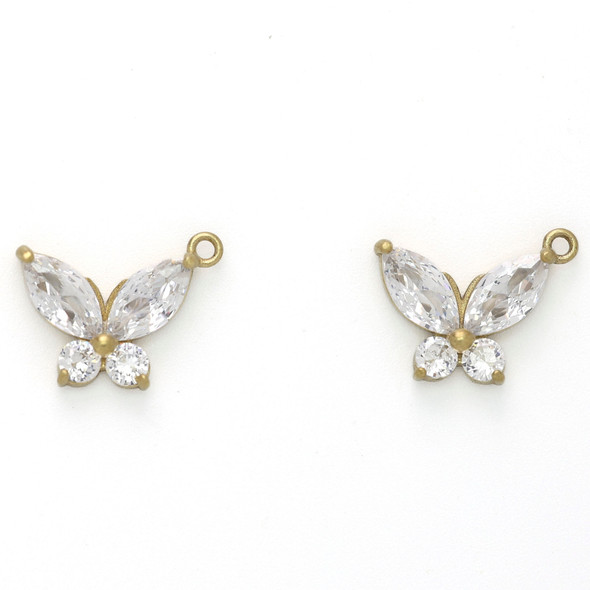 Brass 10.5x14.5mm Butterfly Pendants with Clear Cubic Zirconia Crystals - 2 per bag