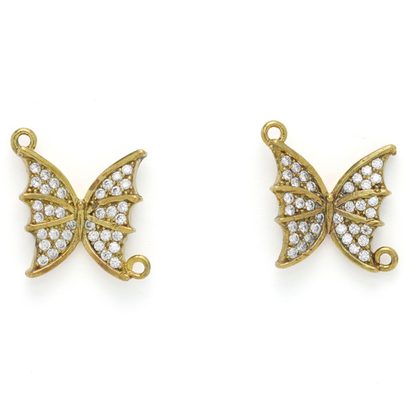 Brass 14.5x16mm Butterfly Pendants with Clear Cubic Zirconia Crystals - 2 per bag