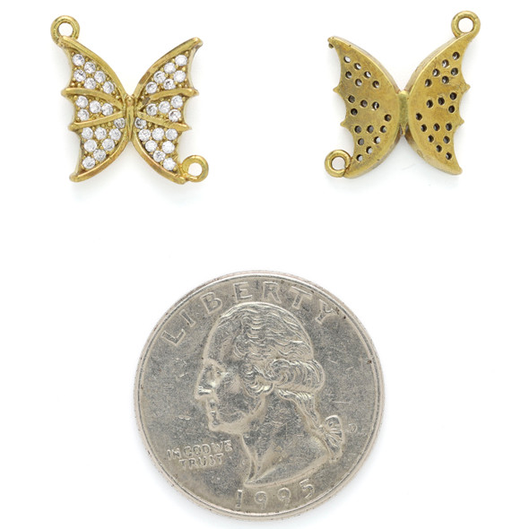 Brass 14.5x16mm Butterfly Pendants with Clear Cubic Zirconia Crystals - 2 per bag