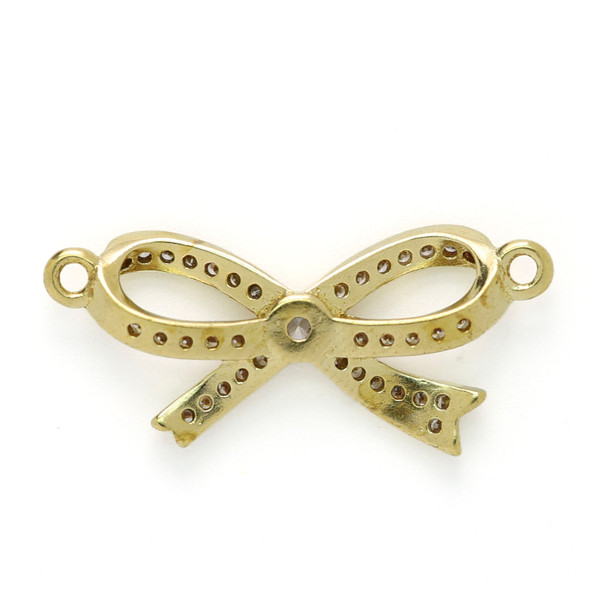 Brass 10.5x25mm Ribbon Bow Pendant with Clear Cubic Zirconia Crystals - 1 per bag