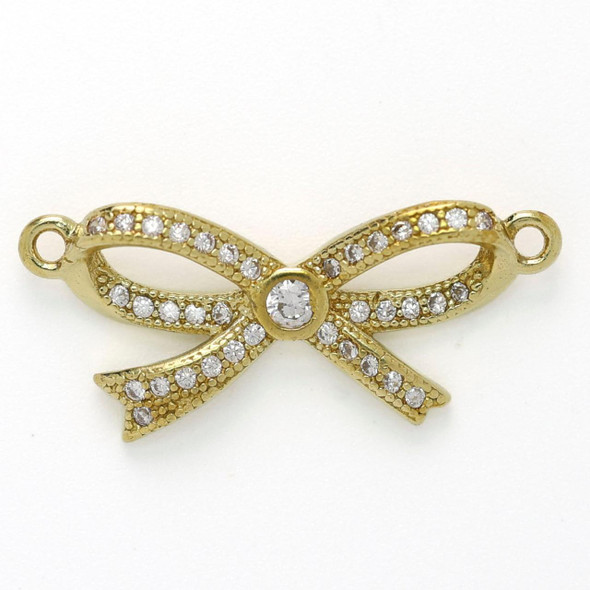 Cherry Tree Beads Brass 10.5x25mm Ribbon Bow Pendant with Clear Cubic Zirconia Crystals - 1 per bag 