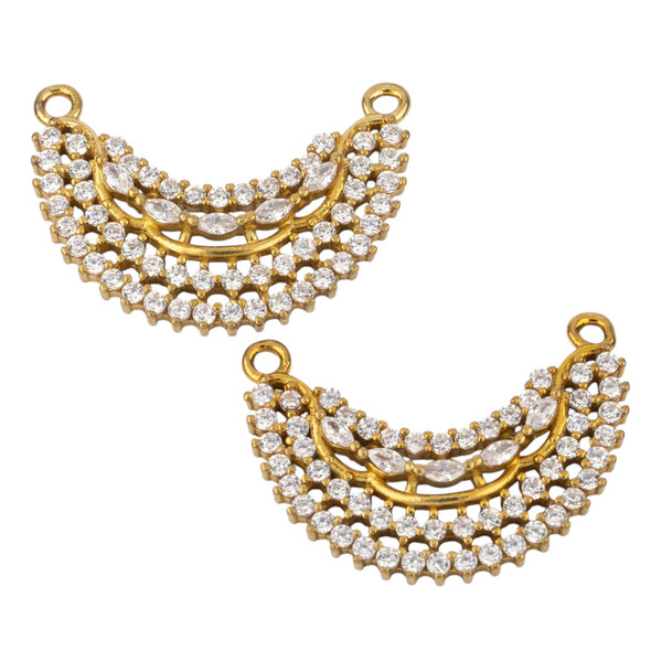 Brass 18.6x25.7mm Crescent Moon Links with Clear Cubic Zirconia Crystals - 2 per bag