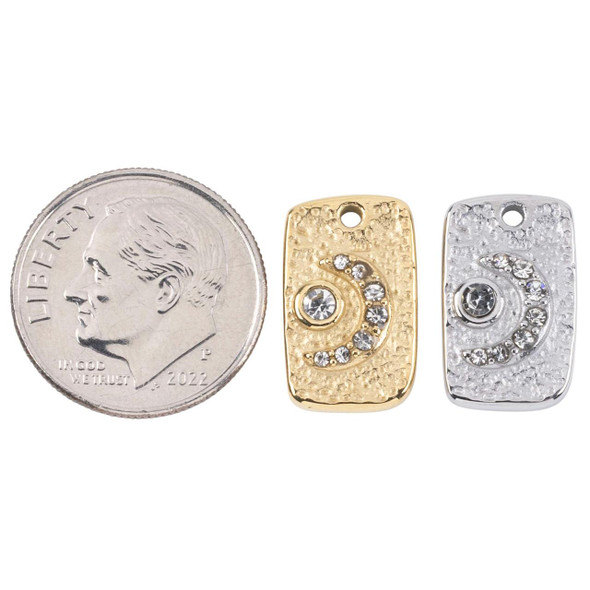 Cherry Tree Beads 304 Stainless Steel 9x14mm Crescent Moon Rectangle Charms with Clear Cubic Zirconia Crystals - 2 per bag 