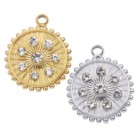 Cherry Tree Beads 316 Stainless Steel 12mm Dotted Sun Coin Charms with Cubic Zirconia Crystals - 2 per bag 