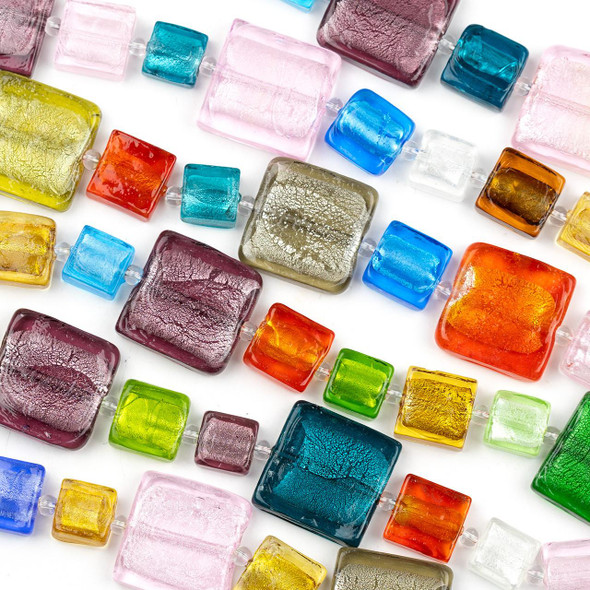 Cherry Tree Beads Handmade Lampwork Glass 12mm, 15mm, and 25mm Multicolored Squares with Silver Foil Centers Mix- 8 inch strand 