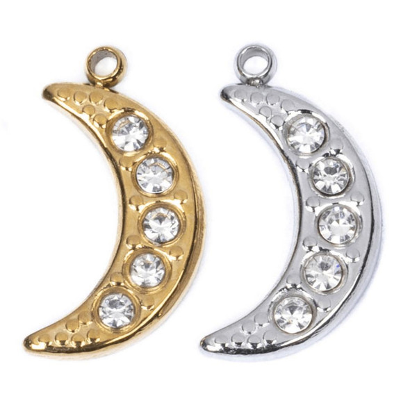 Cherry Tree Beads 304 Stainless Steel 7.5x14mm Crescent Moon Charms with Crystals - 2 per bag 