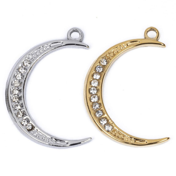 Cherry Tree Beads 304 Stainless Steel 15x23mm Crescent Moon Charms with Crystals - 2 per bag 