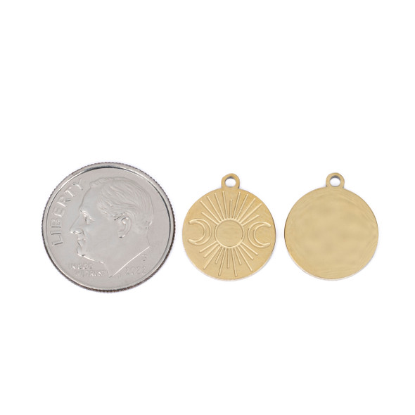 304 Stainless Steel 12mm Triple Sun and Moon Coin Charms Next to a Coin for Size