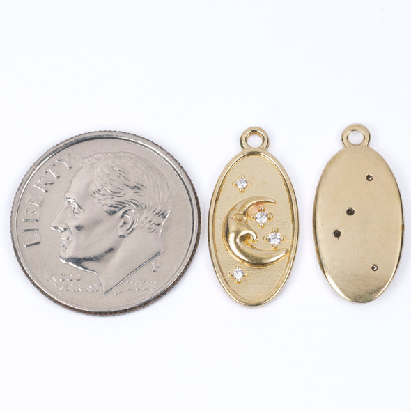 Raw Brass CZ Component - 8.5x17.5mm Crescent Moon Charm with Clear Cubic Zirconia Crystals - 2 per bag