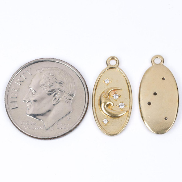 Cherry Tree Beads Raw Brass CZ Component - 8.5x17.5mm Crescent Moon Charm with Clear Cubic Zirconia Crystals - 2 per bag 
