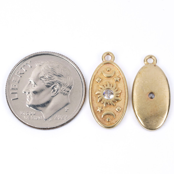 Brass CZ Component - 8.5x17.5mm Crescent Moon and Sun Charm with Clear Cubic Zirconia Crystals - 2 per bag