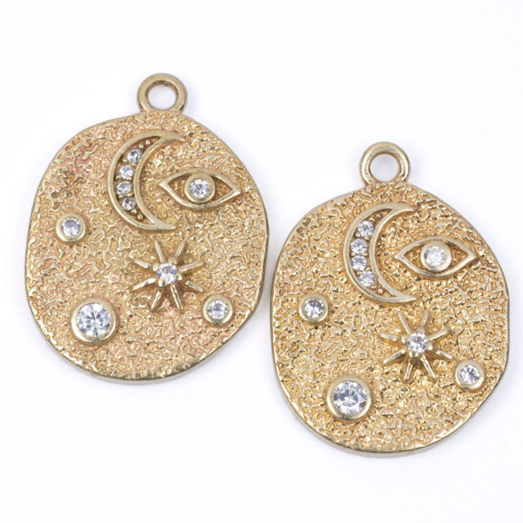 Cherry Tree Beads Brass CZ Component - 13.5x18 Sun, Moon and Eye Irregular Coin Charm with Clear Cubic Zirconia Crystals - 2 per bag 