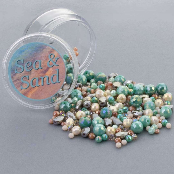 seafoam green, soft coral, warm champagne, creamy peach, and sandy taupe crystal beads inspired by windswept beaches and gentle ocean tides