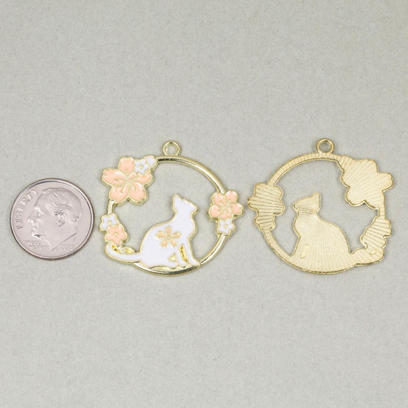 Cherry Tree Beads Enameled Gold Pewter 30mm Circular Cat Charm with Floral Details- 2 per bag 