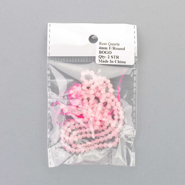 Rose Quartz 4mm Faceted Round Beads are made from natural rose quartz and shaped into small, polished round beads. The color ranges from very light blush to soft pink, with a smooth, milky appearance that gives the strand a gentle and consistent look.
