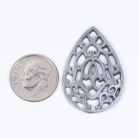 Cherry Tree Beads Black Mother of Pearl 22x32mm Ornate Teardrop Pendant - 1 per bag 