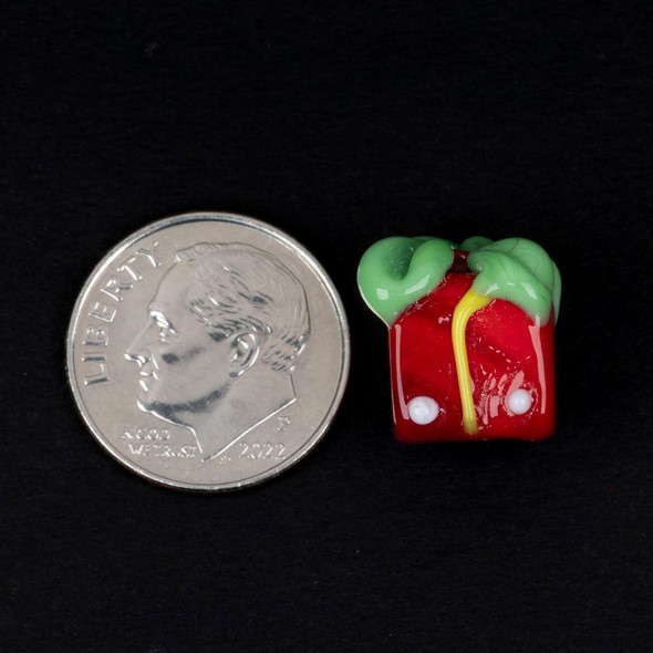 Cherry Tree Beads Handmade Lampwork Glass Christmas Bead - 11x12mm  Red Present with Green Bow, 2 per bag 