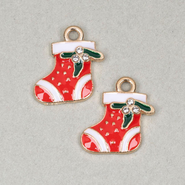 Cherry Tree Beads Enameled Gold Pewter 14x16mm Red Stocking with Holly and Crystal Berries Charms - 2 per bag 