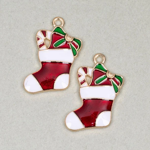 Cherry Tree Beads Enameled Gold Pewter 15x27mm Red Stocking with Green Bow and Candy Cane - 2 per bag 