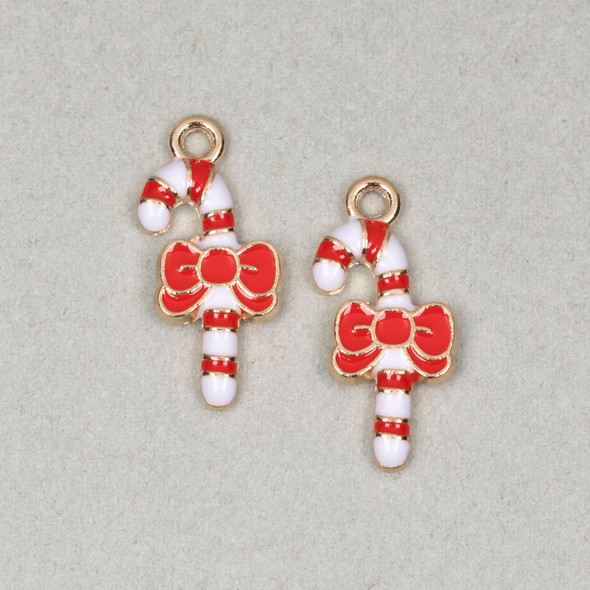 Cherry Tree Beads Enameled Gold Pewter 9x21mm Candy Cane with Red Bow Charms - 2 per bag 