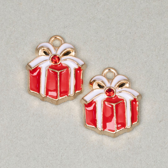 Enameled Gold Pewter 16x18mm Red Present with White Bow Charms for DIY charm necklaces.