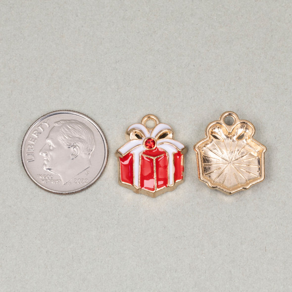 Enameled Gold Pewter 16x18mm Red Present with White Bow Charms festive Christmas designs.