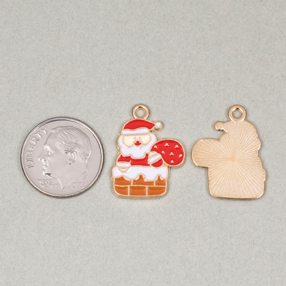 Enameled Gold Pewter 16x21mm Santa in Chimney with Present Bag Charms for DIY designs.