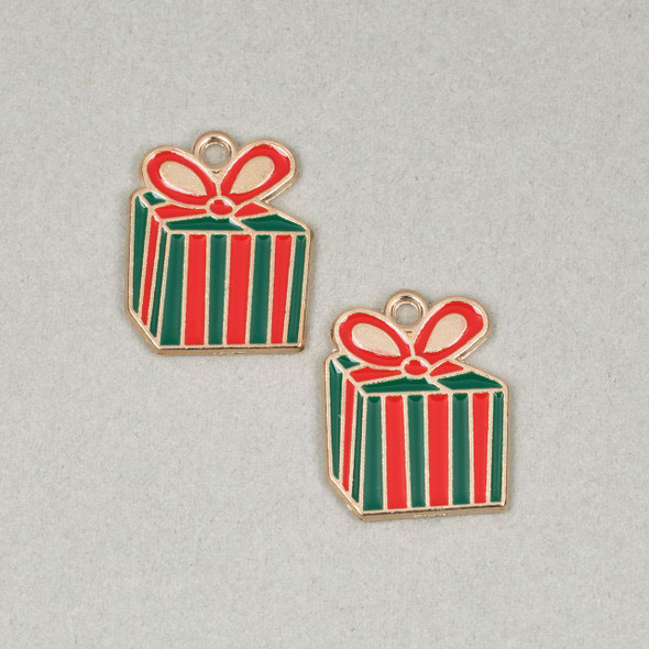 Cherry Tree Beads Enameled Gold Pewter 15x19mm Red and Green Striped Present Charms - 2 per bag 