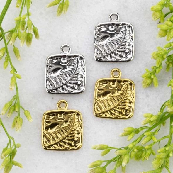 Cherry Tree Beads 316 Stainless Steel 13x13mm Square Fern Charms  - 2 per bag 