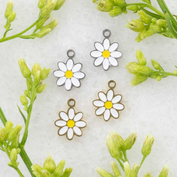 Cherry Tree Beads 304 Stainless Steel 7x9mm White Enameled Daisy Charms - 2 per bag 