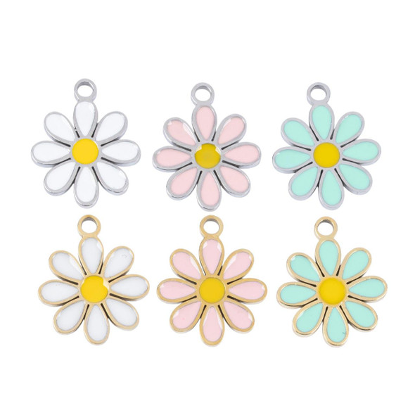 Cherry Tree Beads 304 Stainless Steel 11x13mm Enameled Daisy Charms  - 2 per bag 