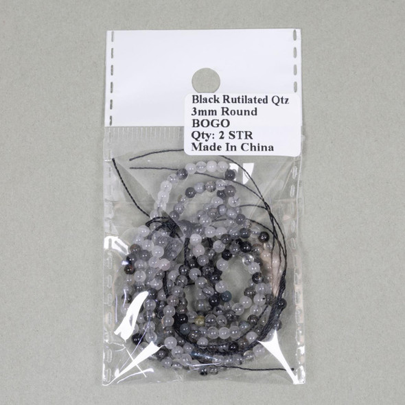 Cherry Tree Beads BOGO Black Rutilated Quartz 3mm Round Beads - Receive 2 Identical 15 Inch Strands 